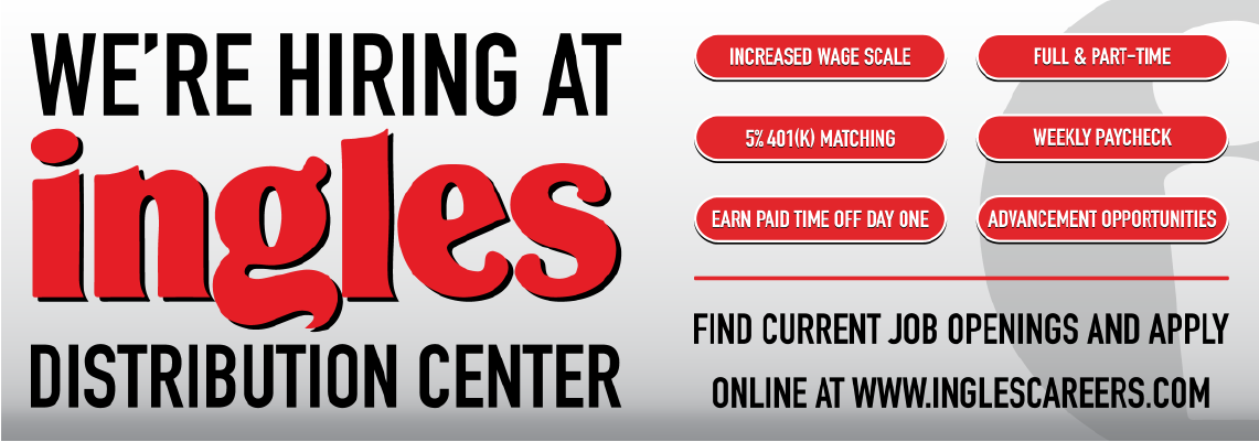 We're hiring at ingles distribution center. Find current job openings and apply online at www.inglescareers.com. INcreased Wage scale, Full and part-time. 5% 401k matching, weekly paycheck, earn paid time off day one, advancement opportunities